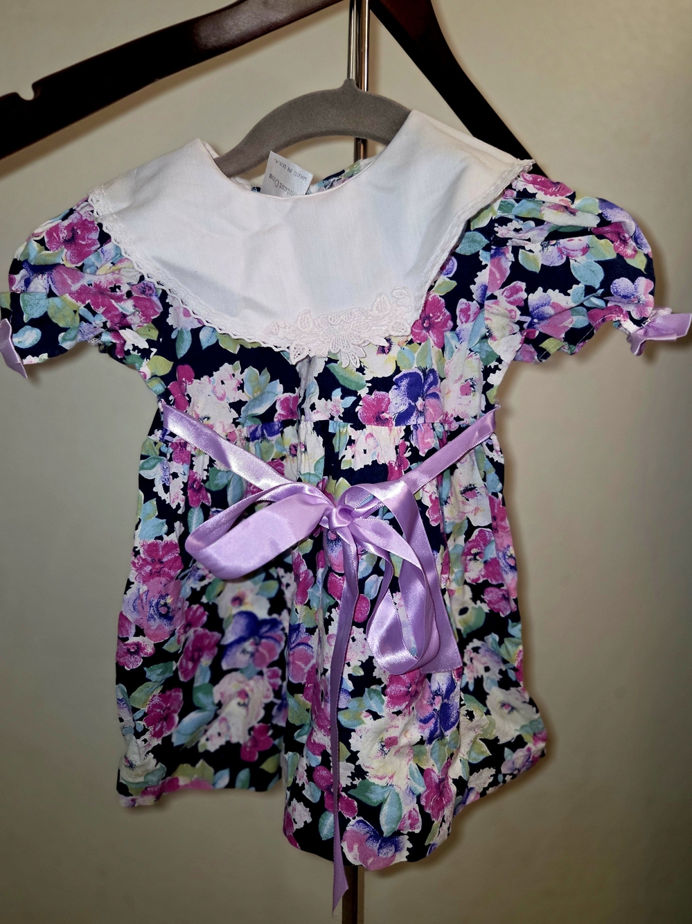 Navy Floral Dress with Lavender Ribbon